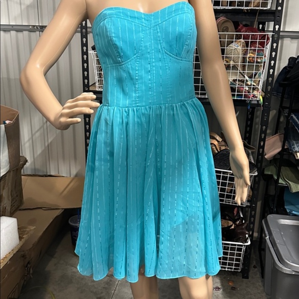 Guess Women’s Strapless “Corset” Turquoise Metallic Striped Summer Dress size 8